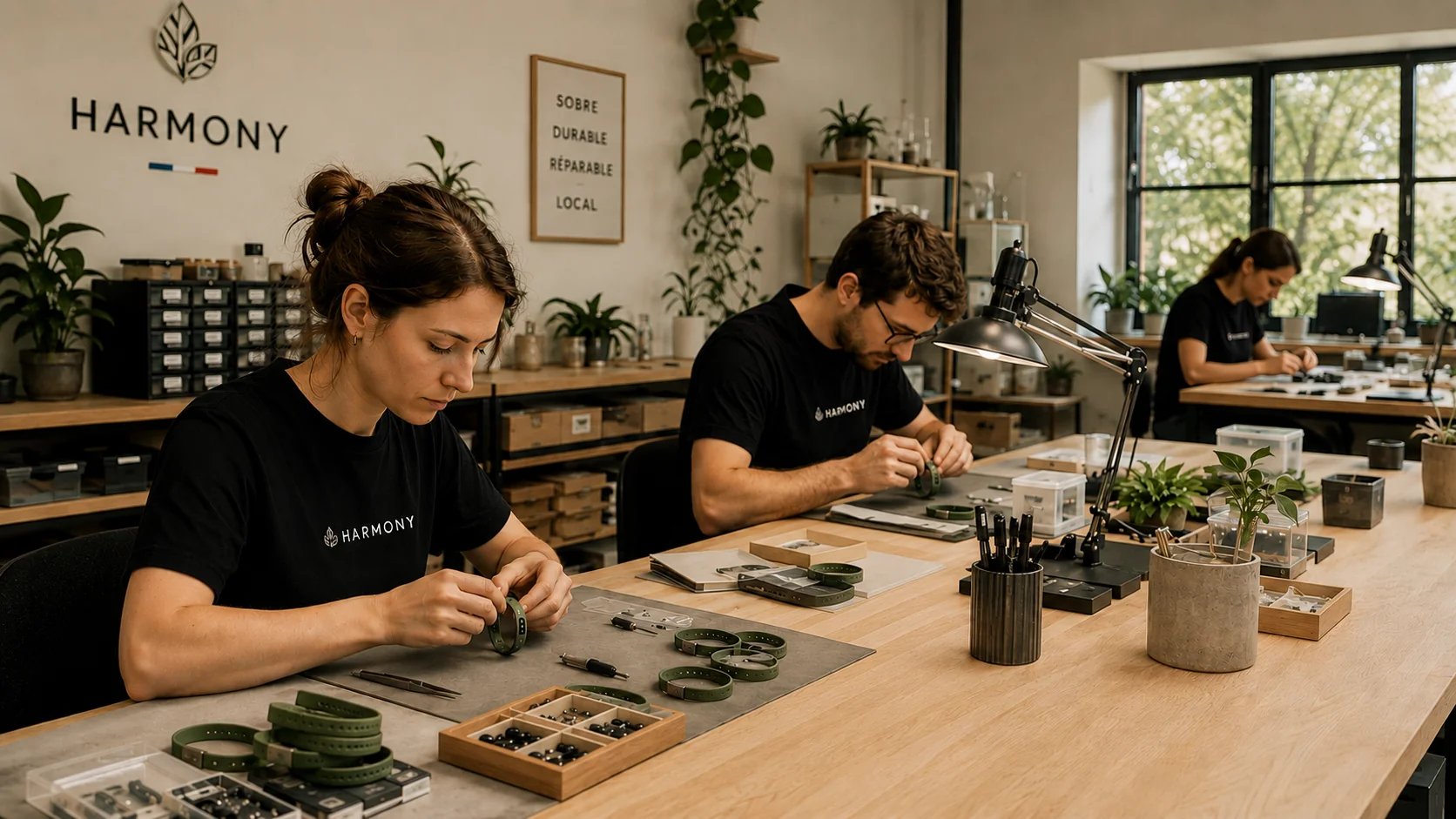 Atelier d'assemblage Harmony à Grenoble, équipe en train d'assembler des bracelets connectés