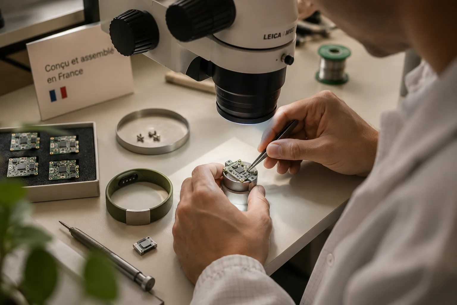 Technicien assemblant un bracelet connecté Harmony sous microscope Leica dans un atelier français